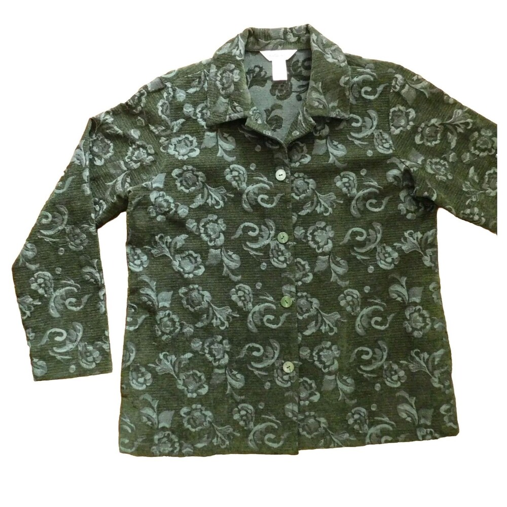 Northern Reflections Blazer Jacket Green Brocade Floral Collared Large Wmns EUC